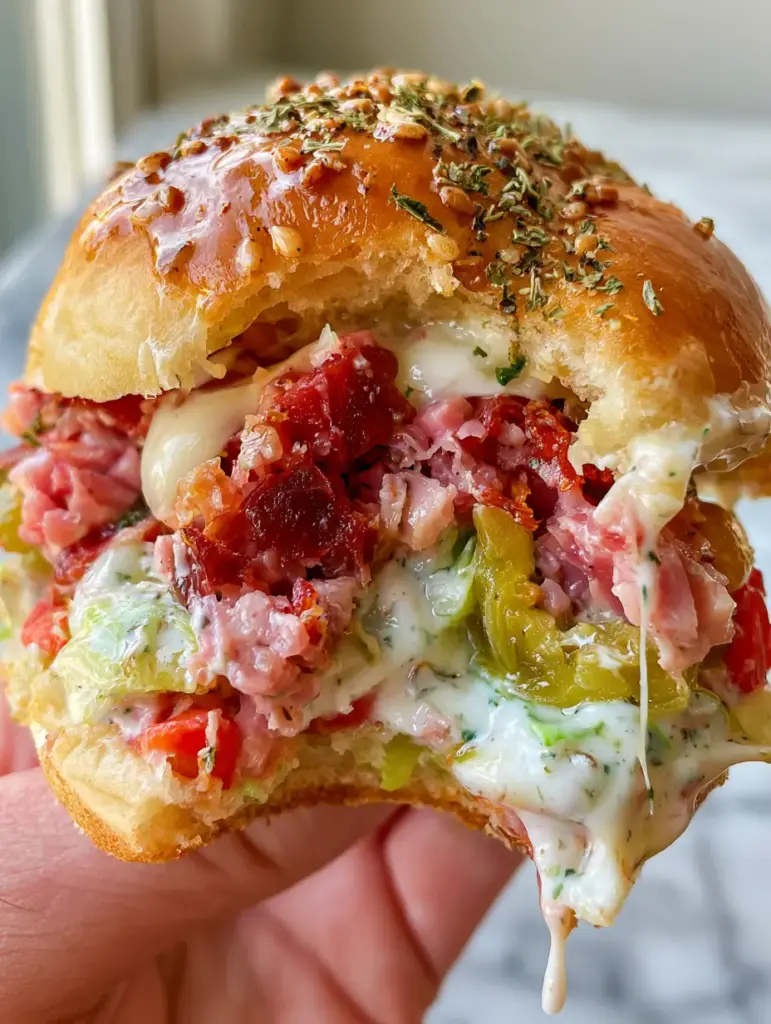A hand holding a Chopped Italian Slider showing the glossy garlic butter and sesame seed topping.