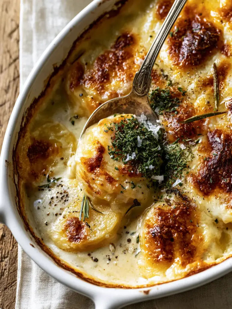 A macro shot showing the silky stackable layers and steam rising from a freshly baked creamy potato bake.