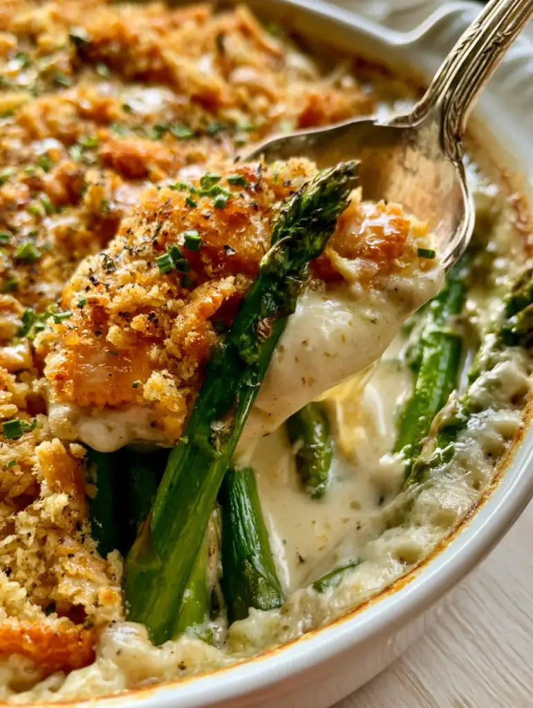 A silver vintage serving spoon lifting a portion of asparagus casserole showing a dramatic sharp white cheddar cheese pull.