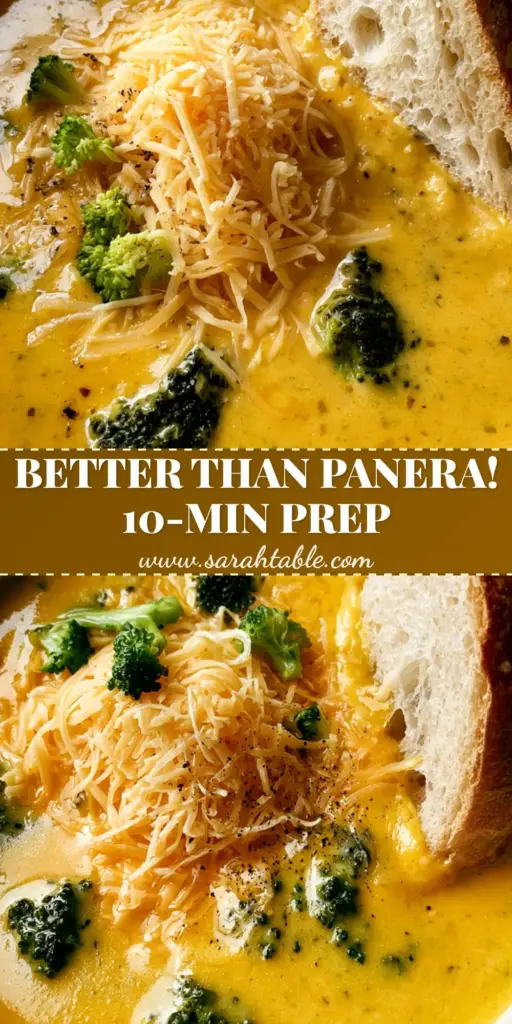 A close-up vertical shot of Velveeta broccoli cheese soup topped with melting cheddar and a sourdough wedge.