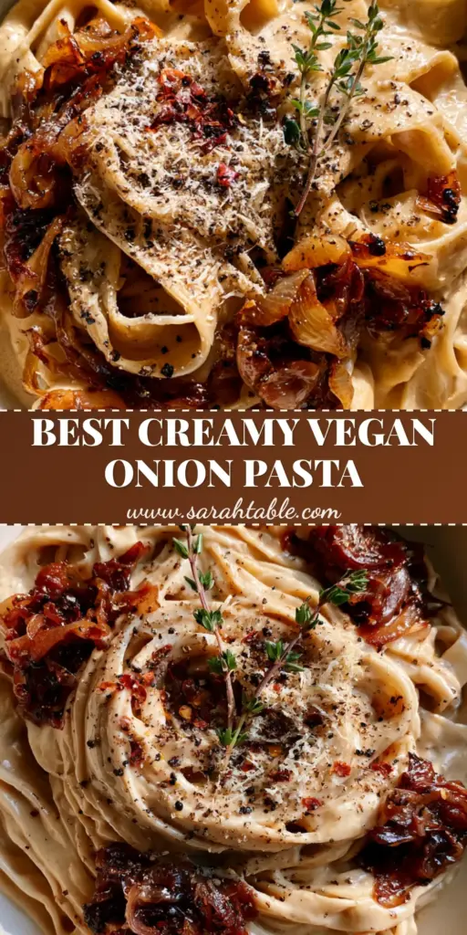 A shallow matte ceramic bowl of vegan caramelized onion pasta with wide pappardelle ribbons, dark mahogany onions, and a silk-smooth cashew cream sauce.