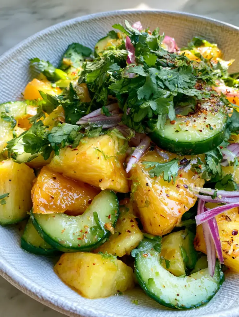 Close up handheld photo of pineapple cucumber salad with fresh cilantro and lime zest. (pineapple cucumber salad)