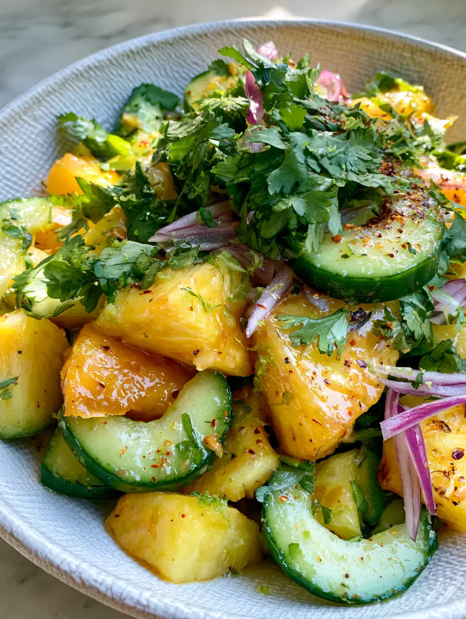 Pineapple Cucumber Salad with Zesty Lime and Cilantro 4 Close up handheld photo of pineapple cucumber salad with fresh cilantro and lime zest. (pineapple cucumber salad)
