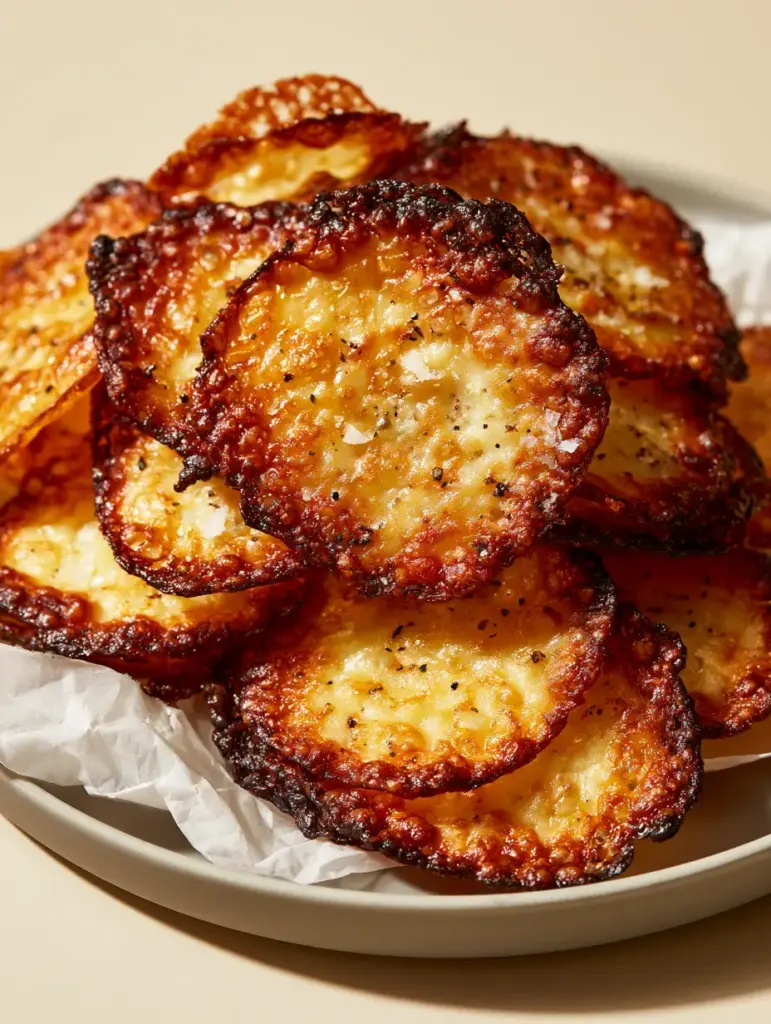 Baked Cottage Cheese Chips served on a minimalist grey plate with natural side-lighting.