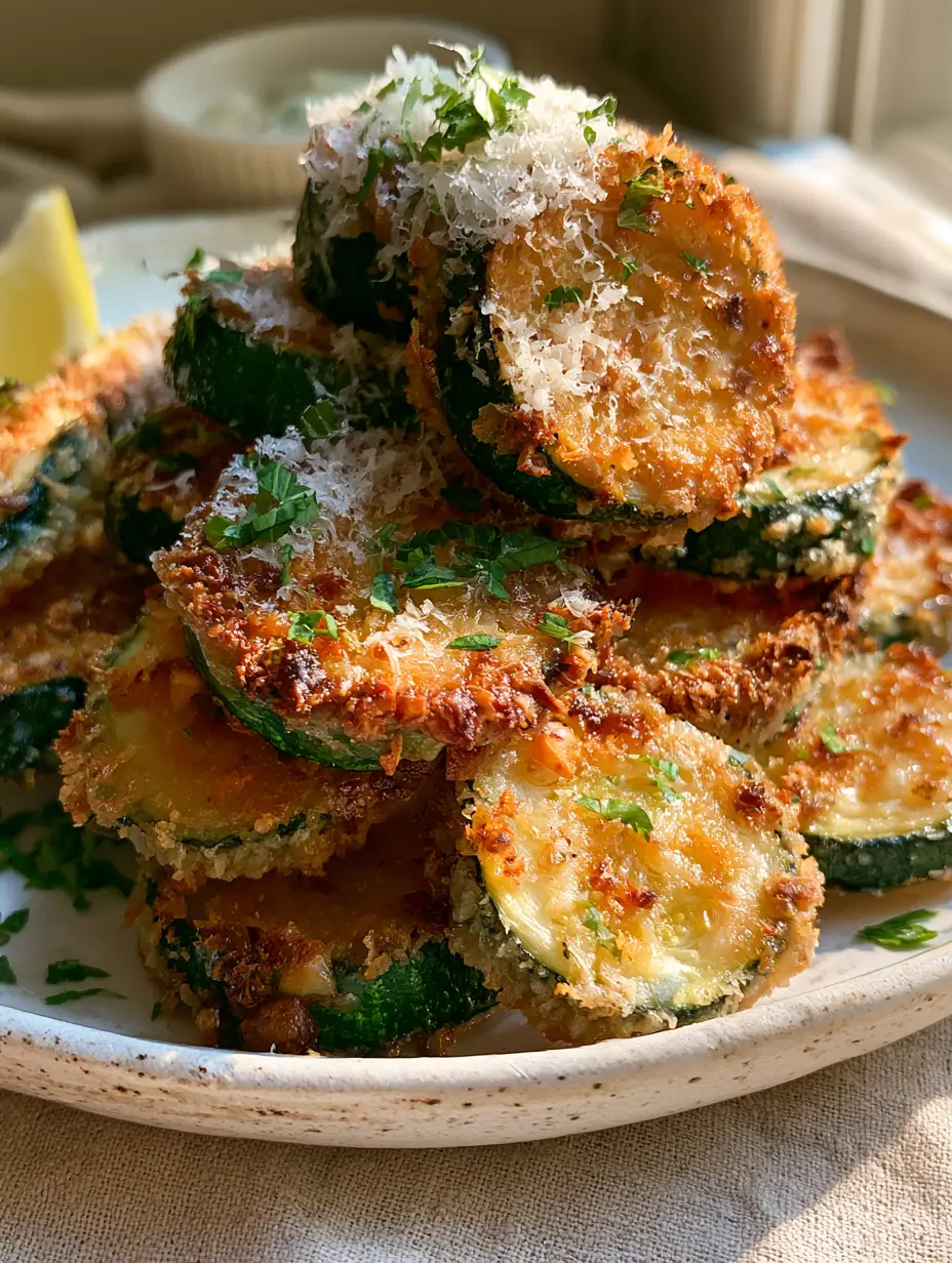 Close up photo of golden brown Zucchini Parmesan rounds showing the jagged toasted panko texture and emerald green skin.