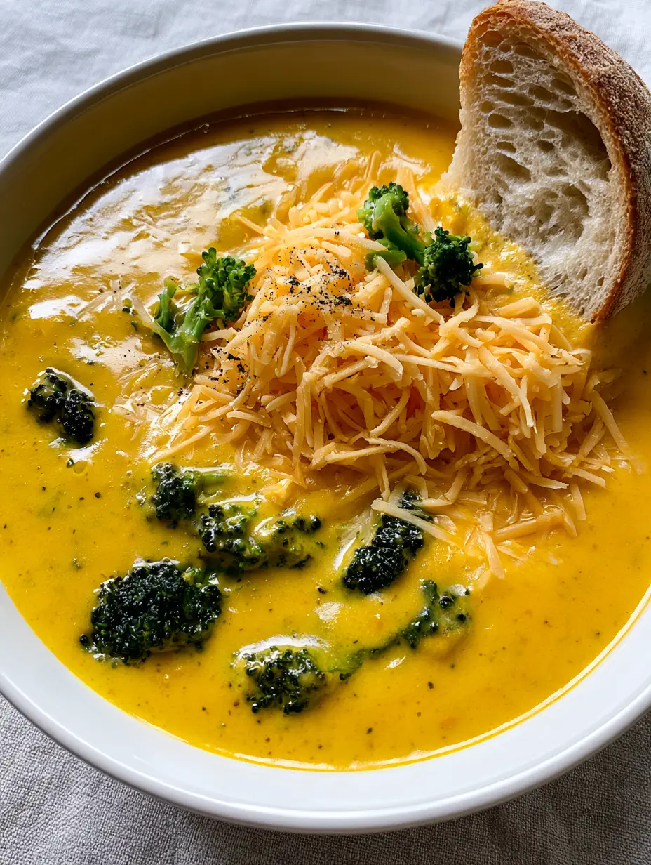Ultra-creamy Velveeta broccoli cheese soup in a white ceramic bowl with a glossy golden surface.