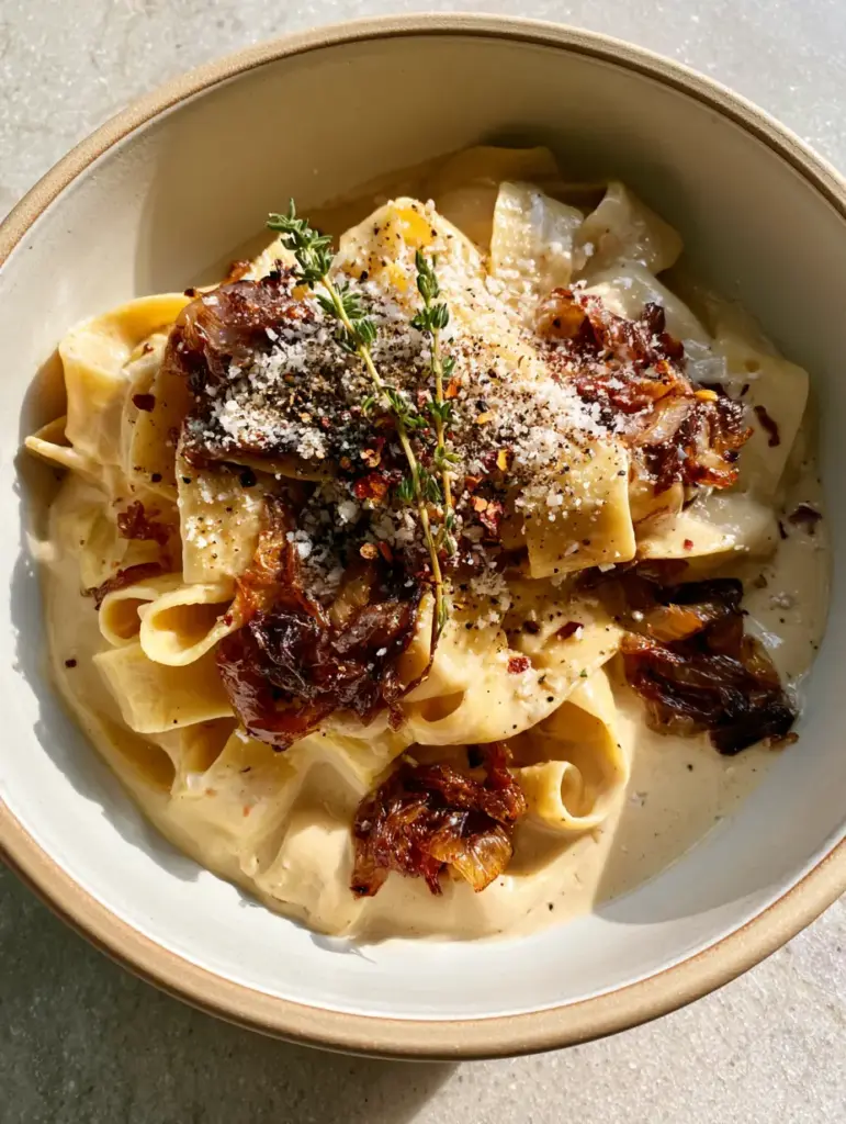 A top-down smartphone photo of creamy vegan caramelized onion pasta on a grey stone countertop.