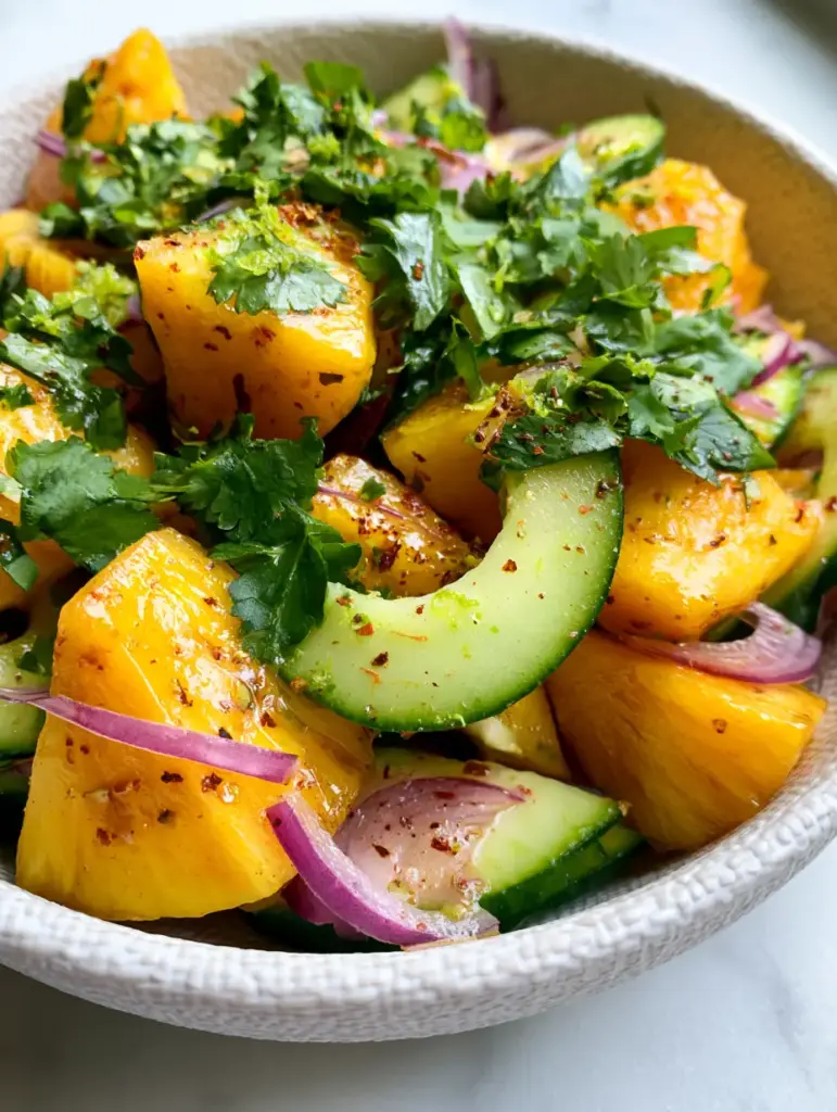 Pineapple Cucumber Salad with Zesty Lime and Cilantro 1 A glistening pineapple cucumber salad under natural morning light on a marble surface.