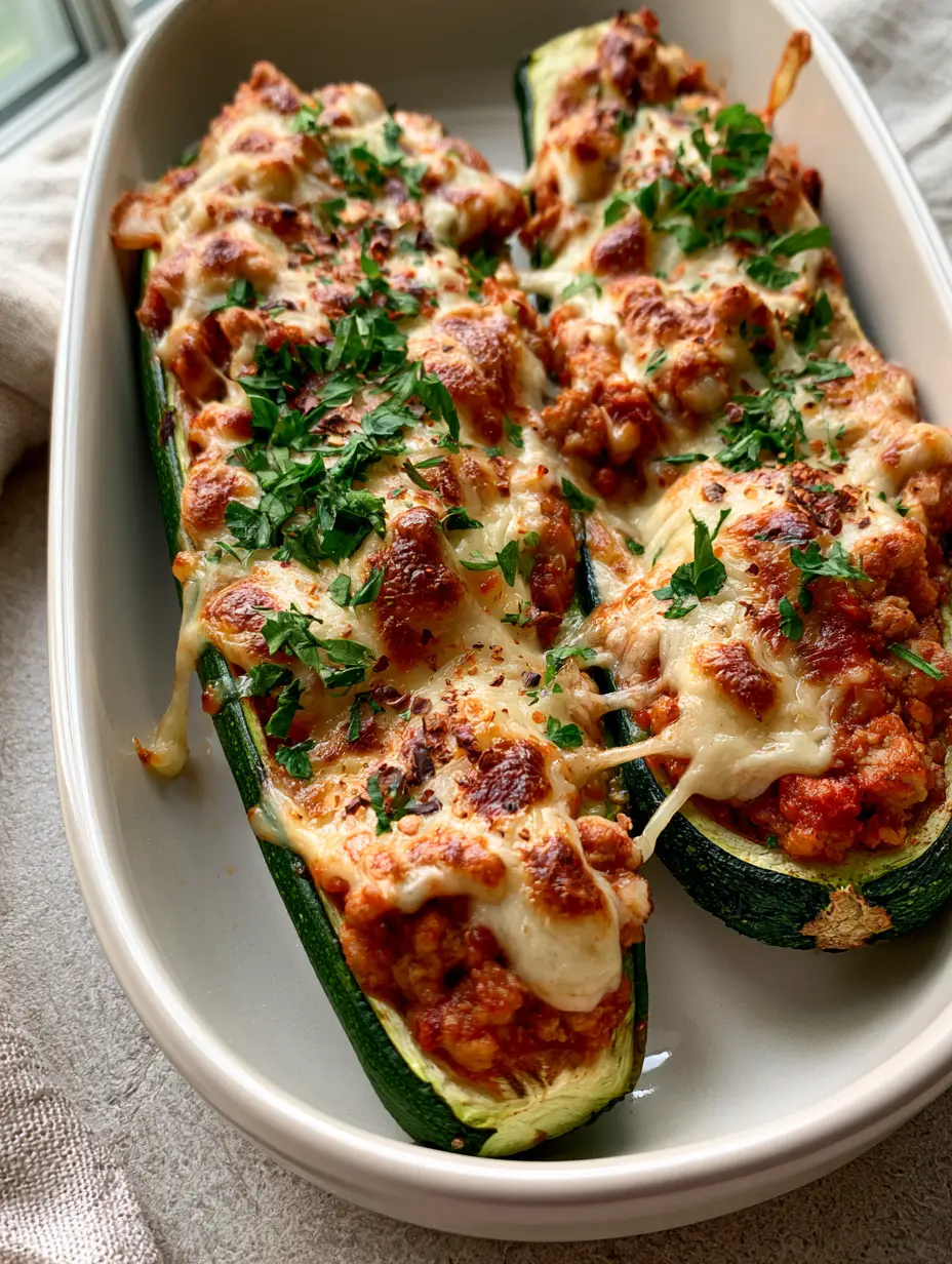 Top-down view of three roasted stuffed zucchini boats with ground turkey and melted mozzarella. (stuffed zucchini boats)