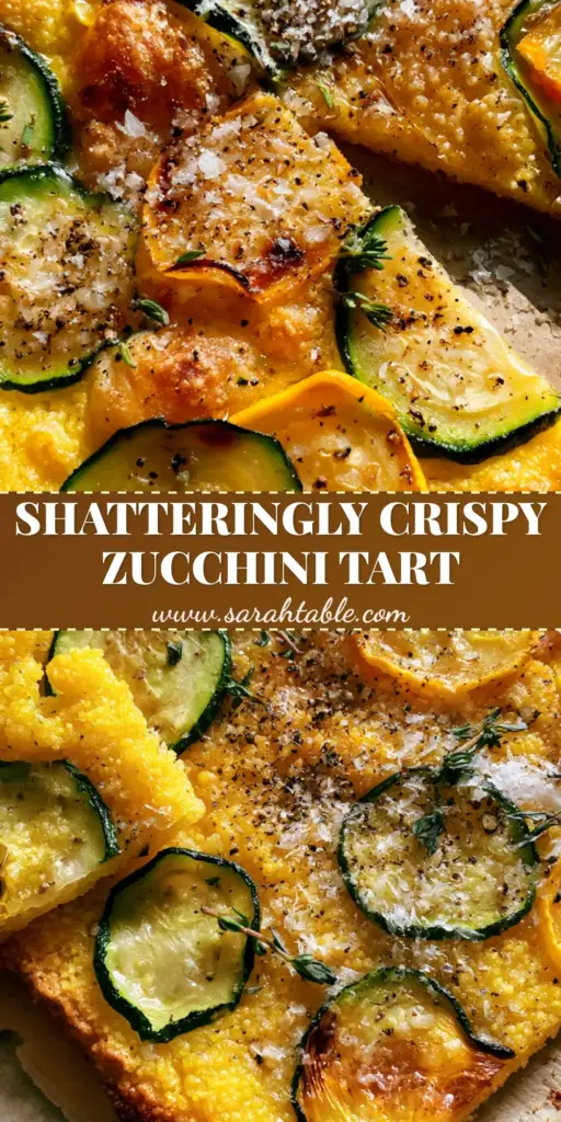 A close-up shot of a crispy zucchini scarpaccia with charred edges, golden cornmeal crust, and fresh thyme sprigs on parchment paper. (zucchini scarpaccia)