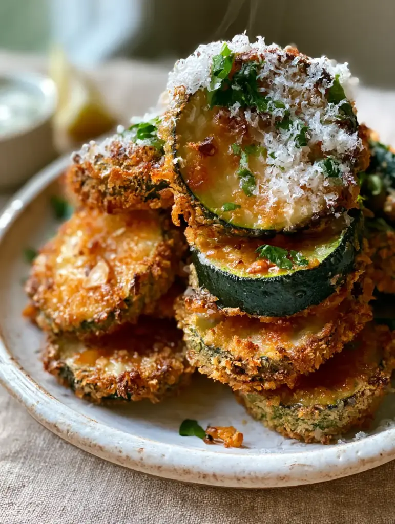 Zucchini Parmesan rounds plated with a lemon wedge and dipping sauce in the background.