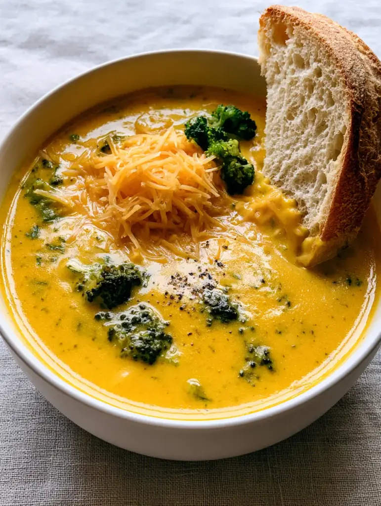 Velveeta broccoli cheese soup served with a buttered sourdough wedge and cracked black pepper.