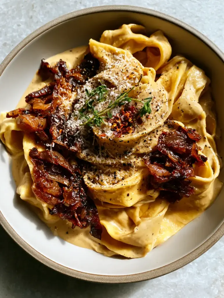 Close up of mahogany balsamic onions tangled in pappardelle pasta ribbons.