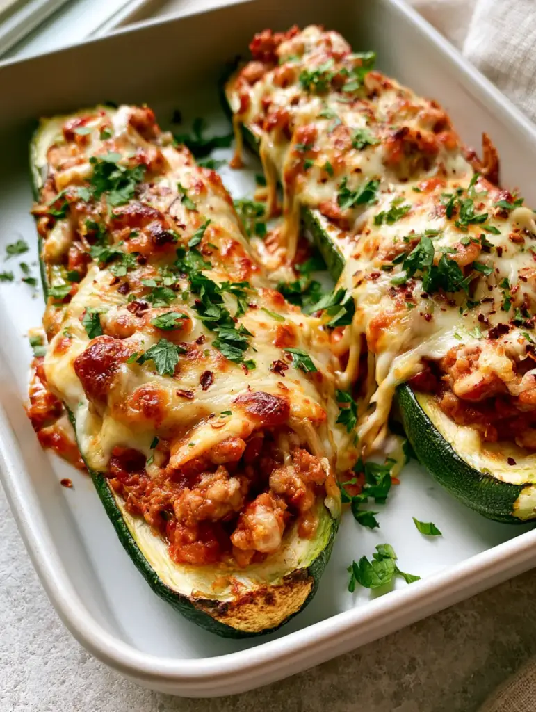 45-degree angle of golden-brown toasted cheese bubbles on stuffed zucchini boats.