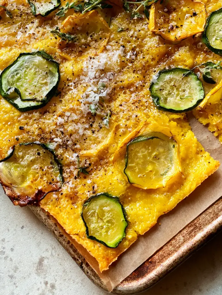 A handheld smartphone photo showing the wafer-thin profile and bubbly golden-yellow crust of a zucchini scarpaccia. (zucchini scarpaccia)