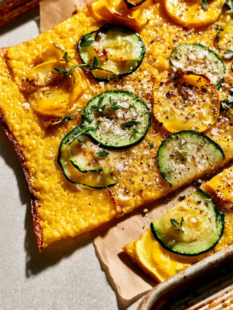 Overhead view of a zucchini scarpaccia on a stone background with natural afternoon sunlight highlighting the toasted cornmeal granules.
