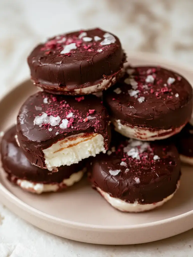 Macro close-up of three-ingredient frozen yogurt bites showing a matte chocolate sheen and raspberry dust. (healthy sweet snacks)