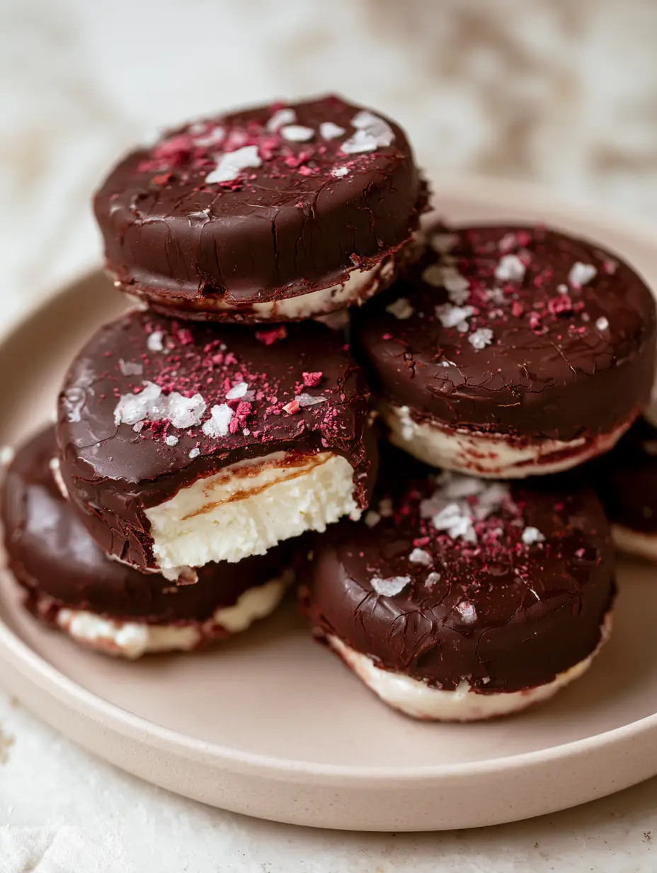 Macro close-up of three-ingredient frozen yogurt bites showing a matte chocolate sheen and raspberry dust. (healthy sweet snacks)