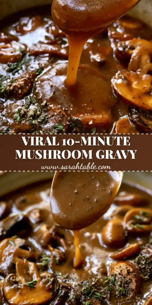 A close-up shot of thick, glossy mushroom gravy in a white ceramic bowl with a silver spoon dripping sauce. (mushroom gravy)