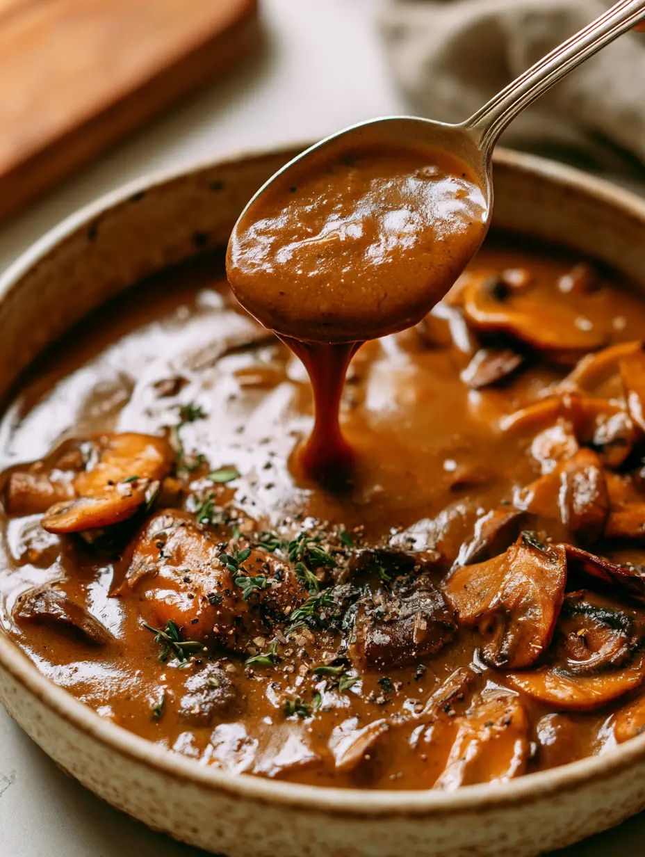 A high-angle rustic bowl filled with deep-brown mushroom gravy garnished with thyme and black pepper. (mushroom gravy)
