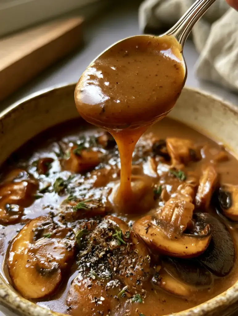 Close-up of the glossy texture and umami sheen on the surface of the mushroom gravy.