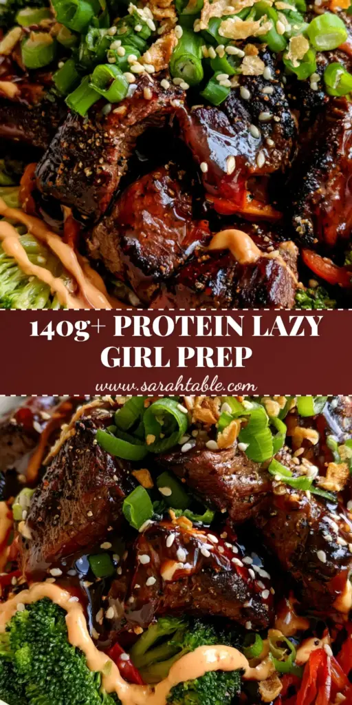 High Protein Meal Plan: Umami Glazed Steak and Garlic Broccoli 3 A close-up of a high protein meal plan bowl featuring umami glazed steak bites, broccoli, and red peppers with sriracha mayo. (High protein meal plan)
