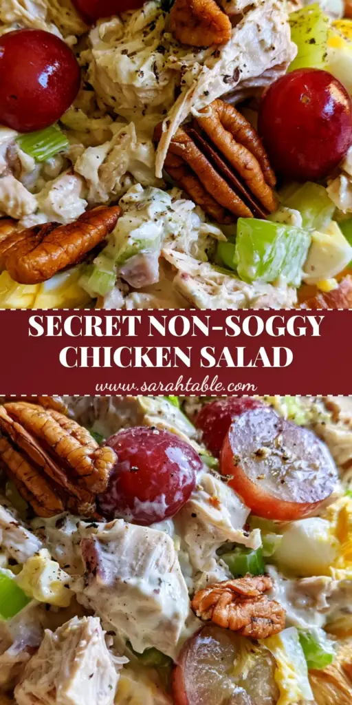 A close-up of chunky Southern Chicken Salad with red grapes and pecans overflowing from a golden croissant.