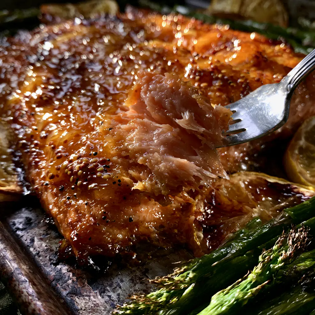 Baked Dijon Salmon with Honey Mustard Glaze and Roasted Asparagus 2 Extreme close-up of a silver fork flaking a juicy chunk of Baked Dijon Salmon revealing moist pink layers. (Baked Dijon Salmon)