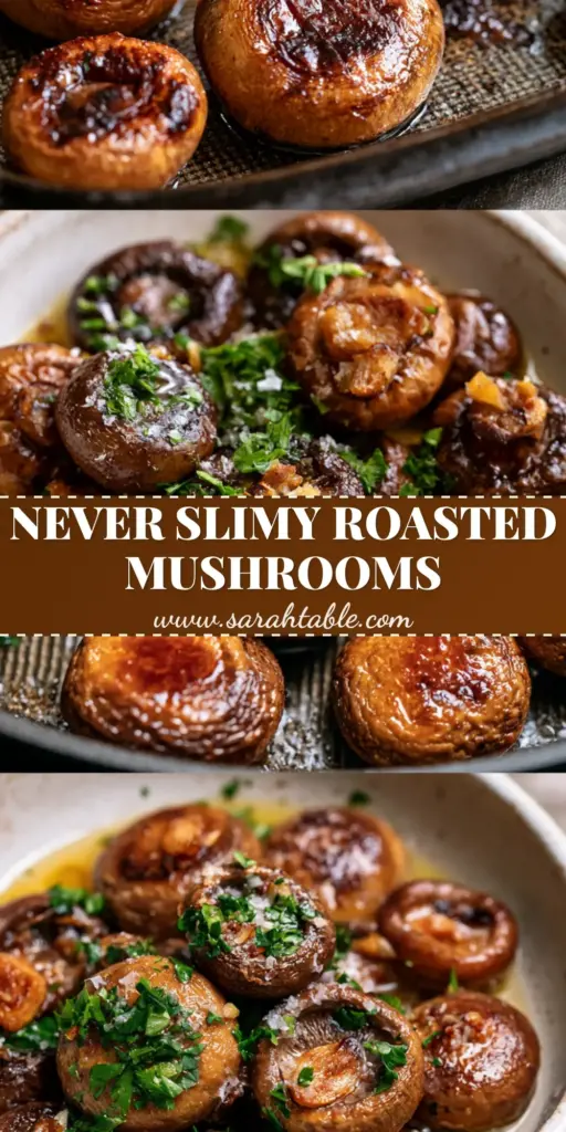 A vertical two-panel layout showing caramelized Roasted Mushrooms on a dark pan and in a white bowl with garlic butter and parsley.
