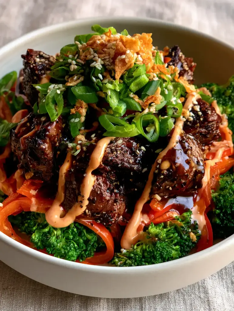 Juicy seared steak cubes coated in a dark glistening glaze with cracked black pepper for a High protein meal plan.