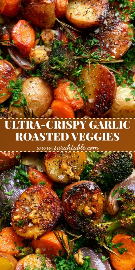 A close-up vertical shot of Garlic Herb Roasted Potatoes and Veggies on a sheet pan featuring crispy gold potatoes, charred broccoli, and rosemary sprigs.