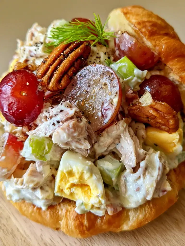 Ultra-realistic photo of hand-shredded Southern Chicken Salad featuring glossy red grapes and thick dressing.