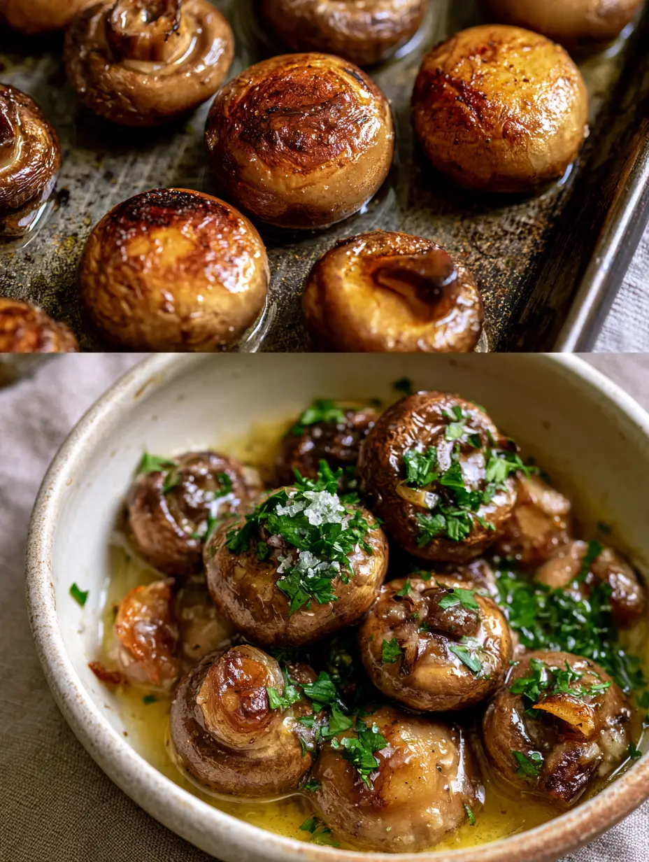 Top-down macro shot of whole brown cremini Roasted Mushrooms on a dark metal pan showing intense golden-brown caramelization.
