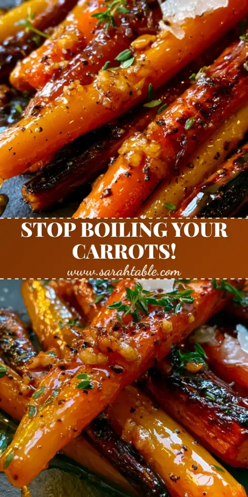 A pile of whole rainbow Honey Garlic Roasted Carrots with charred edges and a thick glossy glaze on a slate platter.