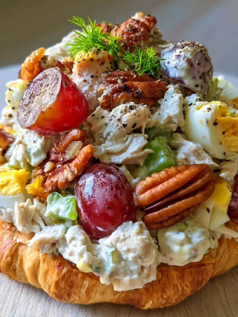 Chunky Southern Chicken Salad with toasted pecans and fresh dill on a light wood background.