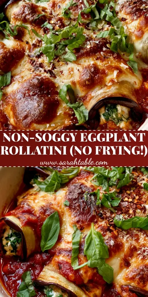 A ceramic white baking dish filled with Eggplant Rollatini, featuring tender roasted eggplant rolls, thick chunky marinara, and bubbly melted mozzarella with toasted brown spots and fresh basil.