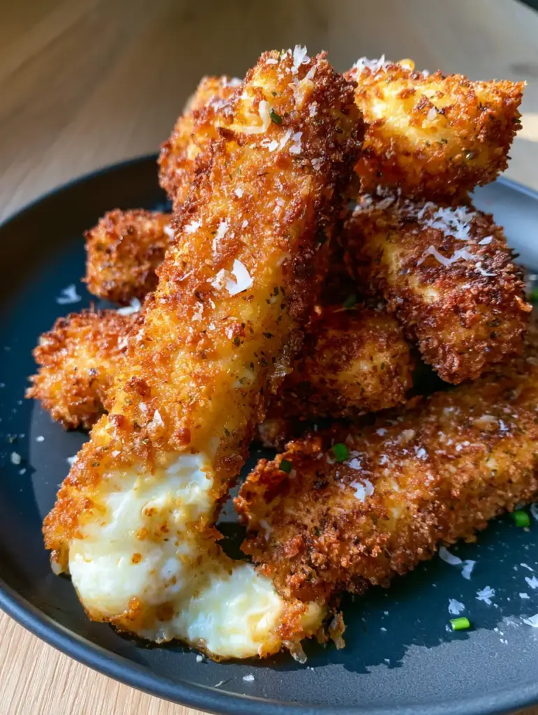 Cottage Cheese Cheese Sticks with a Crispy Parmesan Crust 2 Handheld photo showing a stack of cottage cheese cheese sticks with a deep golden-brown toasted parmesan crust.