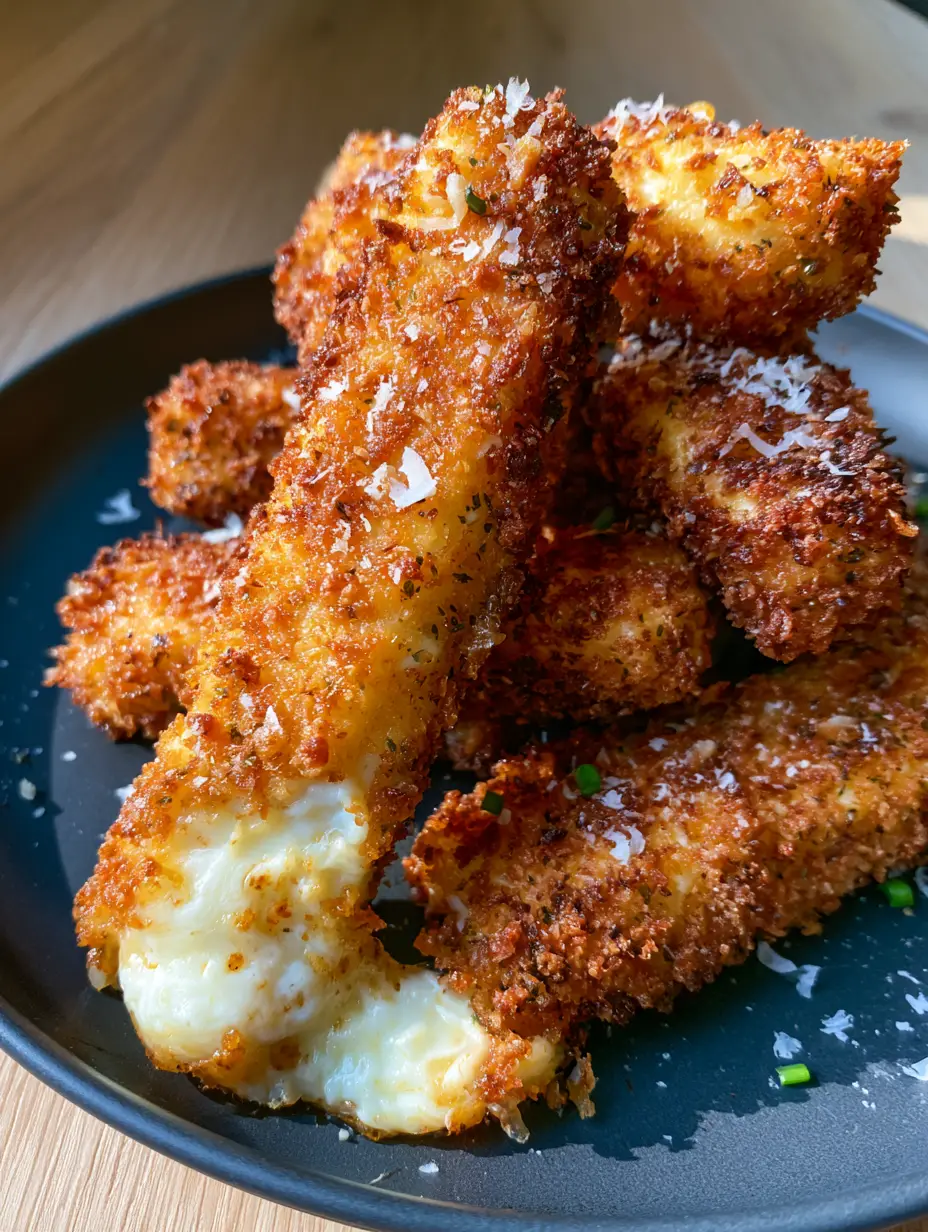 Cottage Cheese Cheese Sticks with a Crispy Parmesan Crust 3 Handheld photo showing a stack of cottage cheese cheese sticks with a deep golden-brown toasted parmesan crust.