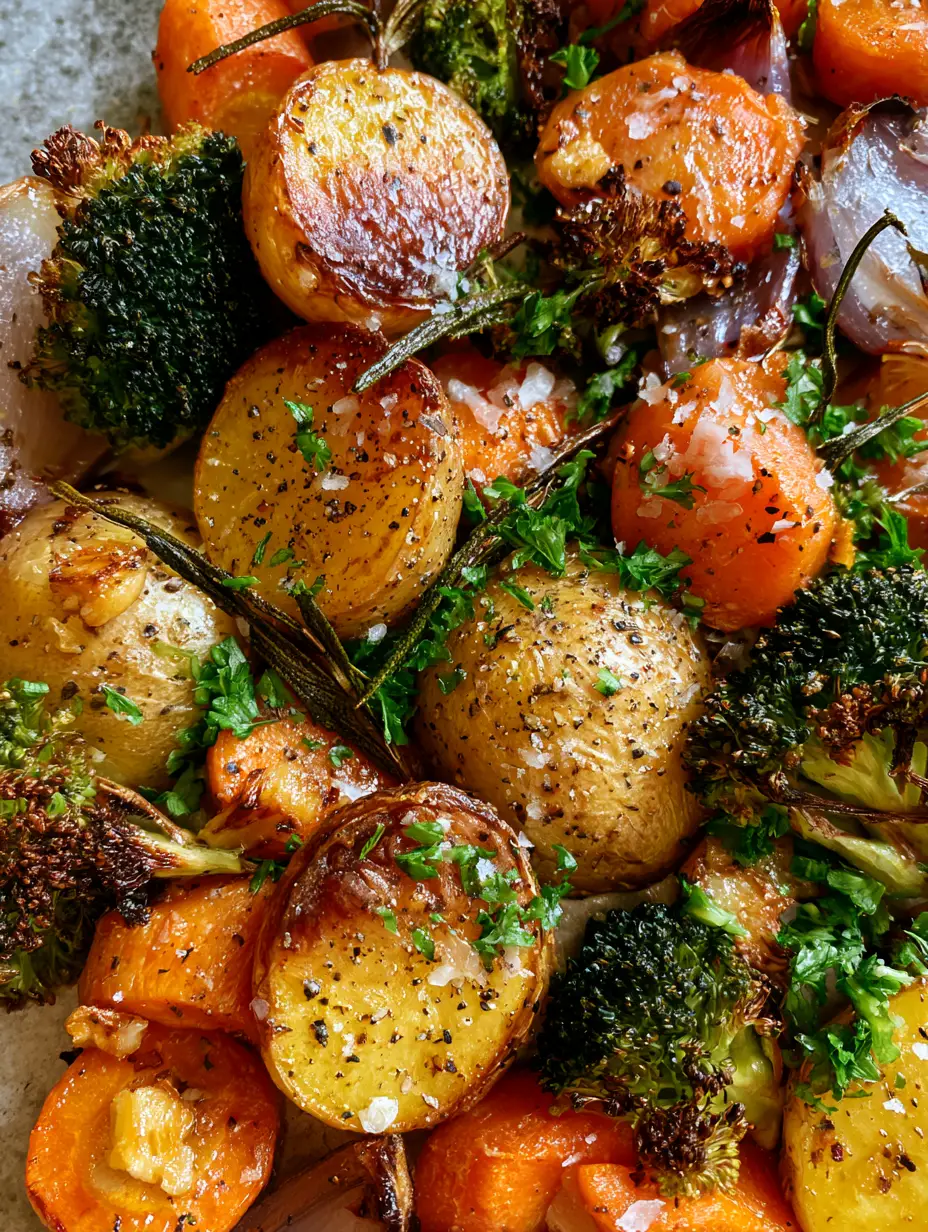 Macro top-down view of Garlic Herb Roasted Potatoes and Veggies showing caramelized gold potatoes and vibrant orange carrots.