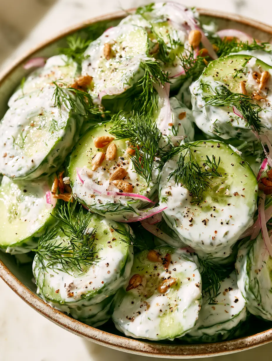 Macro shot of chilled English cucumber slices coated in thick white ranch dressing with fresh dill (cucumber ranch salad).