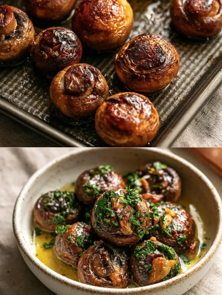 A 45-degree angle shot of Roasted Mushrooms in a white ceramic bowl coated in glossy yellow garlic butter and fresh parsley.