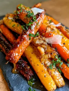 Extreme close-up of whole roasted rainbow carrots with deep caramelized char marks and glossy honey garlic glaze.