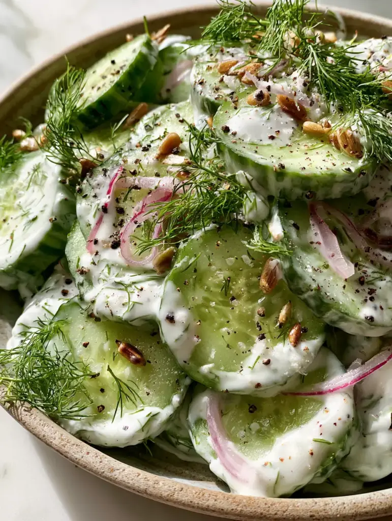 Cucumber ranch salad topped with translucent red onions, toasted sunflower seeds, and cracked black pepper on a marble countertop.