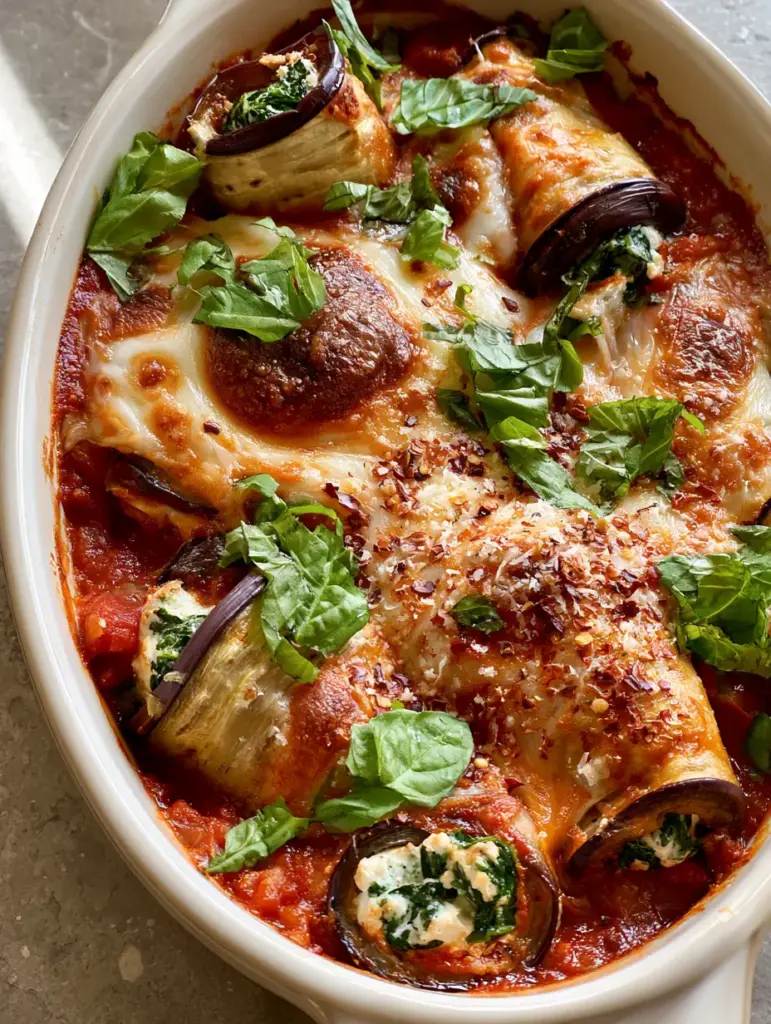 Top-down macro shot of Eggplant Rollatini in a white dish showing the creamy ricotta and spinach filling inside tender eggplant rolls.