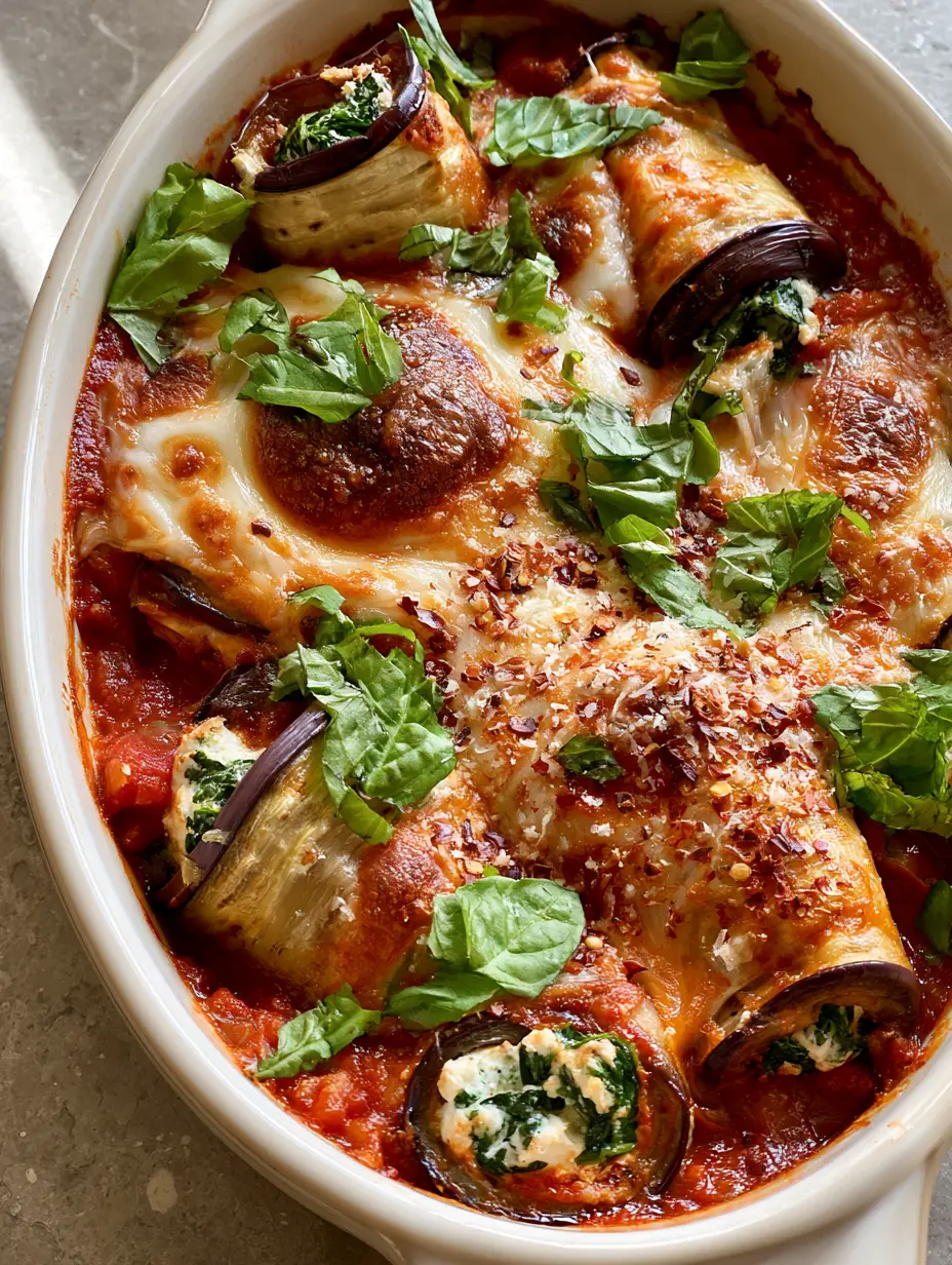 Top-down macro shot of Eggplant Rollatini in a white dish showing the creamy ricotta and spinach filling inside tender eggplant rolls.