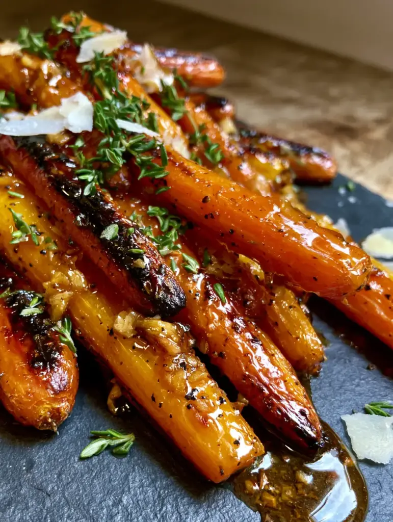 Whole roasted rainbow carrots dripping with a golden honey garlic glaze and topped with fresh thyme.