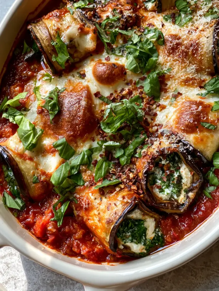 Baking dish of Eggplant Rollatini with melted mozzarella cheese, toasted spots, red pepper flakes, and parmesan.