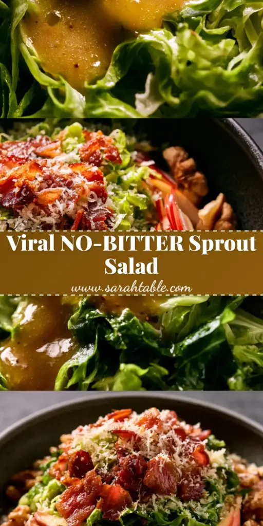 A vertical double-stack food photo of a Brussels sprouts salad with shaved greens, mahogany bacon, and julienned apples.