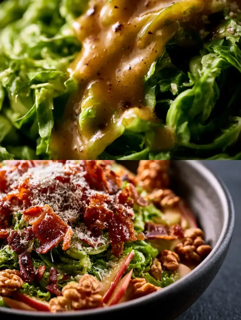 Brussels sprouts salad in a charcoal stoneware bowl with mahogany bacon and parmesan dust.