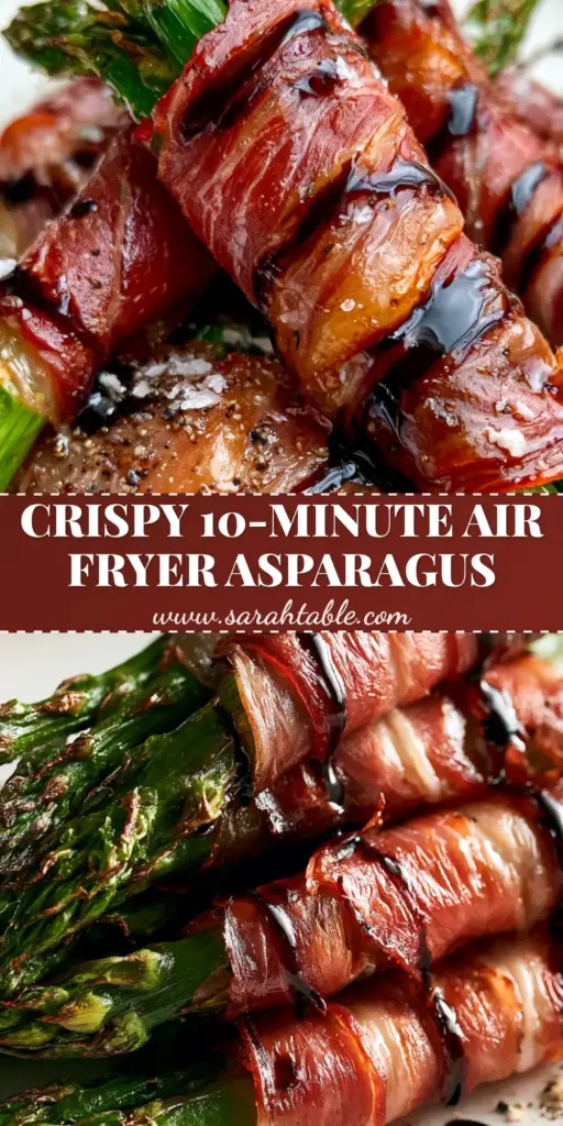 A stack of Prosciutto Wrapped Asparagus bundles in an air fryer basket with balsamic drizzle and flaky salt.